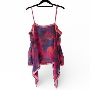 The Pyramid Collection Sheer Cropped Crochet Trim Blouse Blue Red Size Large